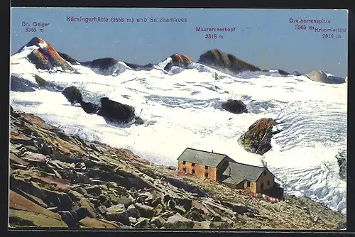 AK Kürsingerhütte, Berghütte und Sulzbachkees mit Gr. Geiger, Maurerkeeskopf und Dreiherrenspitze