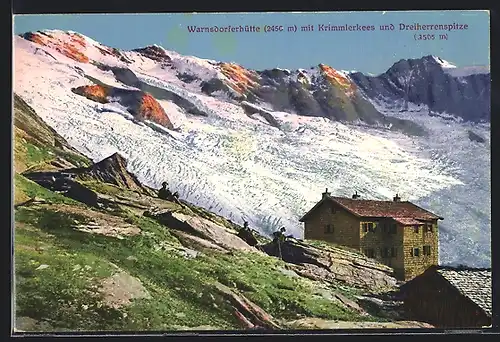 AK Warnsdorferhütte, Ansicht der Hütte mit Krimmlerkees und Dreiherrenspitze