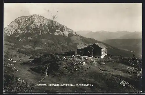 AK Hofpürgl-Hütte auf dem Dachstein, Ansicht mit Röthelstein