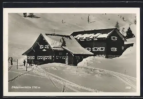 AK Südwienerhütte, Ansicht der Hütte im Winter