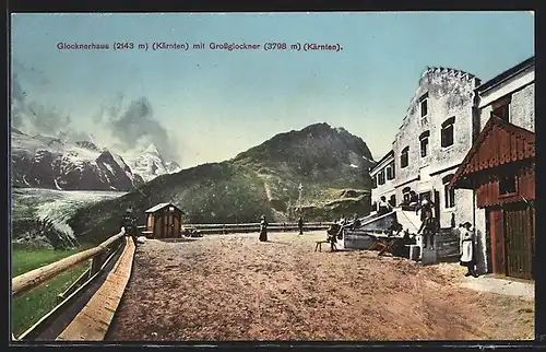 AK Glocknerhaus, Aussenansicht der Berghütte mit Aussicht zum Grossglockner