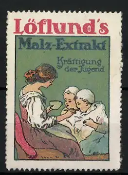 Reklamemarke Löflund's Malz-Extrakt, Kräftigung der Jugend, Mutter füttert zwei Kinder