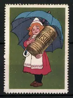 Reklamemarke Nestle's Kindermehl, Mädchen mit Packung Kindermehl und Regenschirm