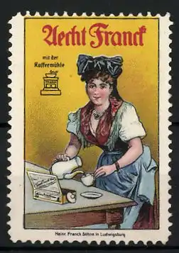 Reklamemarke Aecht Franck Kaffee-Zusatz mit der Kaffeemühle, Frau giesst sich Kaffee in die Tasse