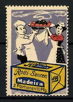 Reklamemarke Rotti-Saucen Madeira, Koch und Kellnerin, Saucenschachtel