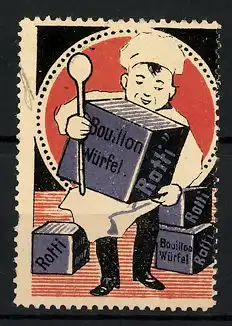 Reklamemarke Rotti Bouillonwürfel, Koch mit Schachtel Bouillon