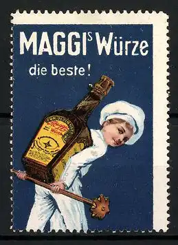Reklamemarke Maggi's Würze ist die Beste!, Koch trägt eine Würzflasche auf dem Rücken