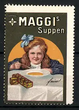 Reklamemarke Maggi's Suppen, Mädchen isst einen Teller Suppe