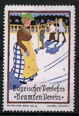 Reklamemarke Bayrischer Verkehrs-Beamten-Verein, Frau und Kinder im Schnee, Bild 6