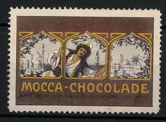 Reklamemarke Mocca-Chocolade, Kant Cacao- und Chokoladenfabrik Wittenberg, Frau und Stadtsilhouette