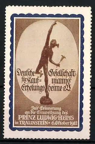 Reklamemarke Deutsche Gesellschaft für Kaufmanns-Erholungsheime, Prinz Ludwig-Heim in Traunstein, Hermes-Statue, braun