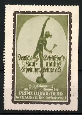 Reklamemarke Deutsche Gesellschaft für Kaufmanns-Erholungsheime, Prinz Ludwig-Heim in Traunstein, Hermes-Statue, grün