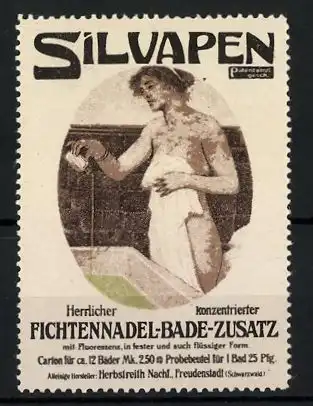 Reklamemarke Silvapen Fichtennadel-Bade-Zusatz, Herbstreith Nachf., Freudenstadt, Frau nimmt ein Bad