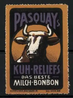 Reklamemarke Pasquay's Kuh-Reliefs, das Beste Milch-Bonbon, Stier im Portrait