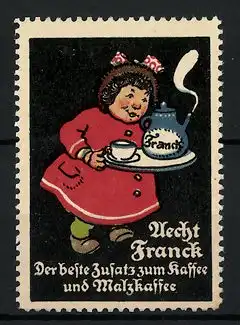 Reklamemarke Aecht Franck Kaffee-Zusatz, Mädchen mit Kaffeekanne und Tasse