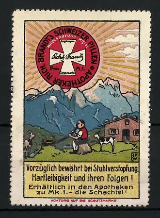 Künstler-Reklamemarke Johann Peter Werth, Rich. Brandt's Schweizer Pillen, Dose Abführmittel, Bauer auf der Alm