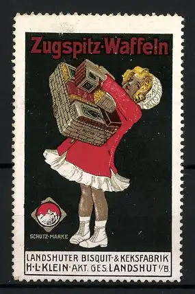 Reklamemarke Zugspitz-Waffeln, Landshuter Bisquit- und Keksfabrik H. L. Klein, Mädchen mit Waffelschachteln im Korb