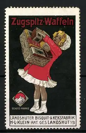 Reklamemarke Zugspitz-Waffeln, Landshuter Bisquit- und Keksfabrik H. L. Klein, Mädchen mit Waffelschachteln im Korb