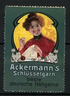 Reklamemarke Ackermann's Schlüsselgarn, beste deutsche Nähgarne, Frau beim Nähen