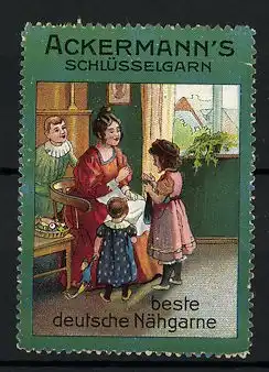 Reklamemarke Ackermann's Schlüsselgarn, beste deutsche Nähgarne, Mutter mit Kindern