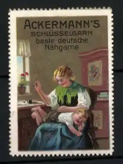 Reklamemarke Ackermann's Schlüsselgarn, beste deutsche Nähgarne, Mutter näht die Hose ihres Sohnes
