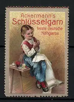 Reklamemarke Ackermann's Schlüsselgarn, beste deutsche Nähgarne, Mädchen fädelt Garn in ein Nadelöhr