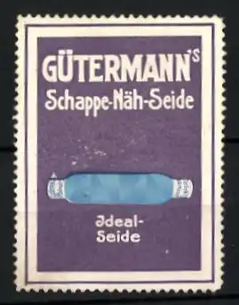 Reklamemarke Gütermann's Schappe-Näh-Seide, Idealseide, blaue Garnrolle