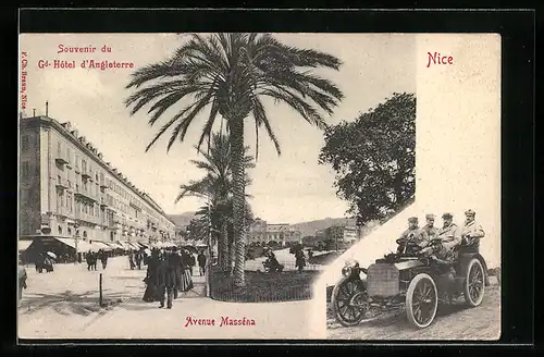 AK Nice, Auto Daimler /Mercedes 8/11 (1902/03), Promenade und fünf Männer im KFZ