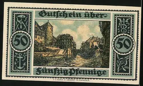 Notgeld Hannover 1921, 50 Pfennig, Ortspartie am Fluss