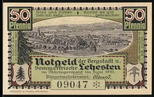 Notgeld Lehesten 1921, 50 Pfennig, Gesamtansicht aus der Ferne, Bismarckturm