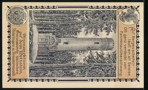 Notgeld Lehesten 1921, 50 Pfennig, Gesamtansicht aus der Ferne, Bismarckturm