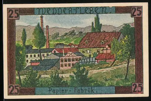 Notgeld Weddersleben 1921, 25 Pfennig, Blick auf die Papier-Fabrik