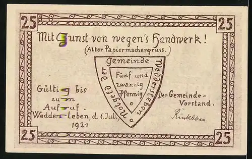 Notgeld Weddersleben 1921, 25 Pfennig, Blick auf die Papier-Fabrik