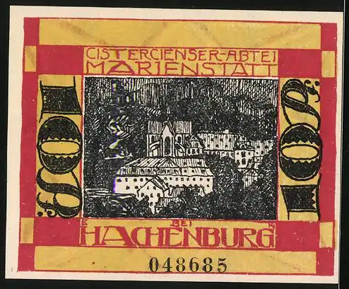 Notgeld Hachenburg 1921, 10 Pfennig, Wappen, Cistercienser-Abtei Marienstatt