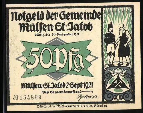 Notgeld Mülsen-St. Jakob 1921, 50 Pfennig, Zwei Männer im Frack feiern