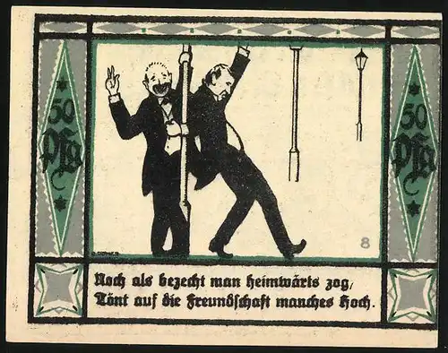 Notgeld Mülsen-St. Jakob 1921, 50 Pfennig, Zwei Männer im Frack feiern