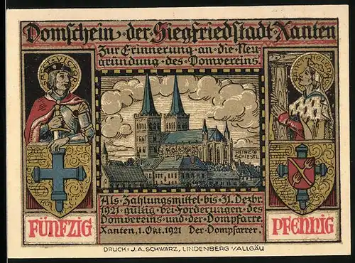 Notgeld Xanten 1921, 50 Pfennig, Heiligendarstellungen, Kirche, Brunhilde