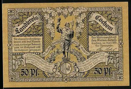 Notgeld Cochem 1921, 50 Pfennig, Landsknecht von Cochem, Burg und Winneburg