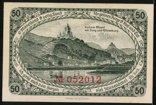 Notgeld Cochem 1921, 50 Pfennig, Landsknecht von Cochem, Burg und Winneburg