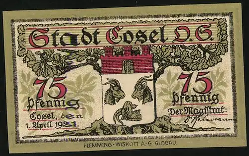 Notgeld Gosel 1921, 75 Pfennig, Industriehafen, Wappen