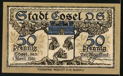 Notgeld Gosel 1921, 50 Pfennig, Industriehafen und Wappen
