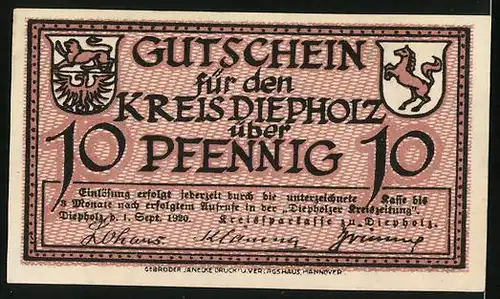 Notgeld Diepholz 1920, 10 Pfennig, Wappen und Gänse