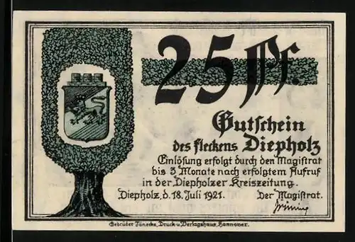 Notgeld Diepholz 1921, 25 Pfennig, Wappen und Torfstecher