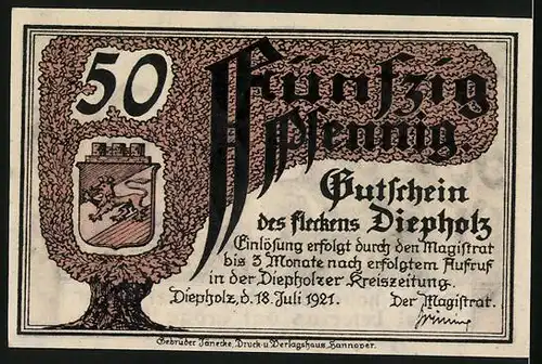 Notgeld Diepholz 1921, 50 Pfennig, Gänseverkäufer und Wappen