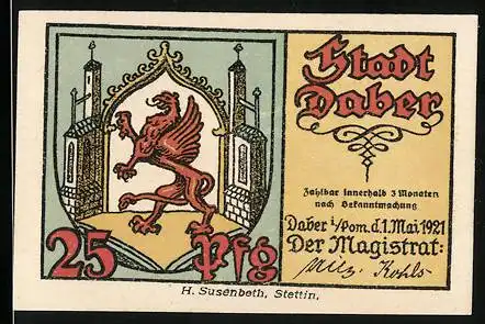 Notgeld Daber 1921, 25 Pfennig, Wappen und Ruine