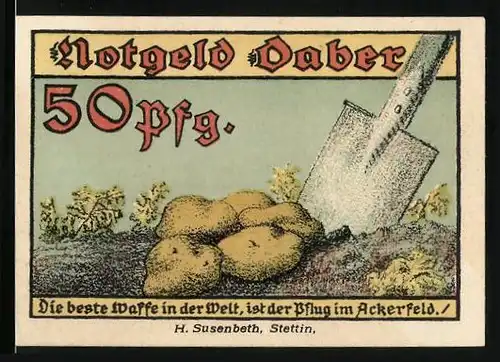 Notgeld Daber 1921, 50 Pfennig, Spaten und Kartoffeln im Acker