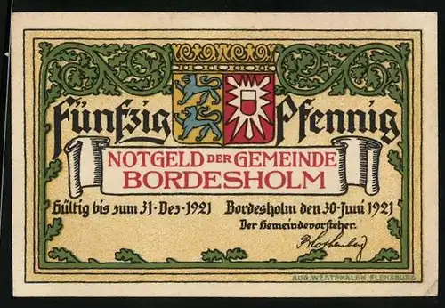 Notgeld Bordesholm 1921, 50 Pfennig, Menschenansammlung mit Fahnen