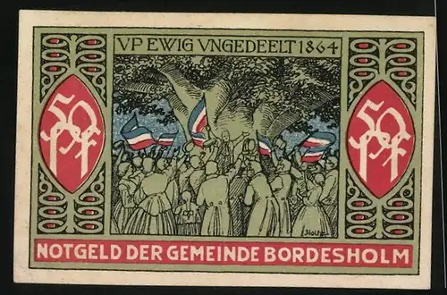 Notgeld Bordesholm 1921, 50 Pfennig, Menschenansammlung mit Fahnen