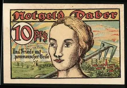 Notgeld Daber 1921, 10 Pfennig, Frau mit landwirtschaftlichem Gerät