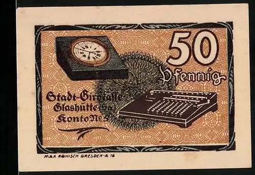 Notgeld Glashütte 1921, 50 Pfennig, Uhr und Kasse
